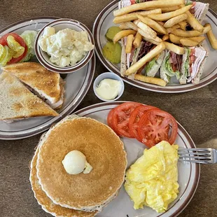 Sliced Turkey Sandwich, Turkey Club Sandwich, Two Eggs with 2 Pancakes