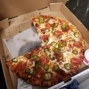 Jalapeno, pepperoni and bacon pizza