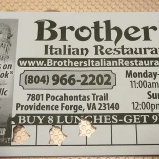 Brother&apos;s Italian Restaurant (Providence Forge): Punch card. Don&apos;t check out without it! My &quot;lunch&quot; today earned me 3 punches.🥊