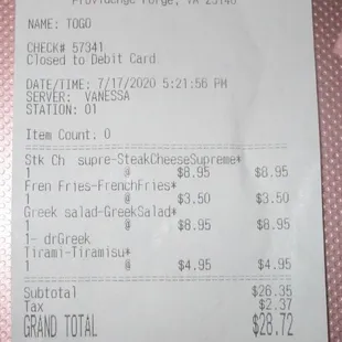 Brother&apos;s Italian Restaurant, Providence Forge: My check.
