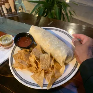 Cali burro with fresh chips and salsa. :)