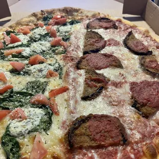 Left: 16. TSR Pizza. (tomato Spinach Ricotta). Right: Eggplant Pizza (Eggplant parm on a pizza crust!!)