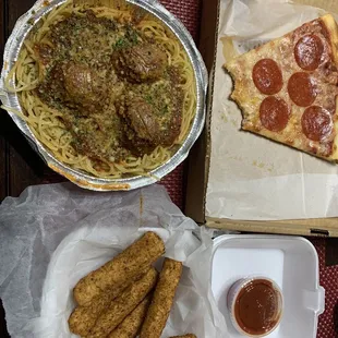 Pepperoni Pizza, Spaghetti with Meatballs, Mozzarella Sticks