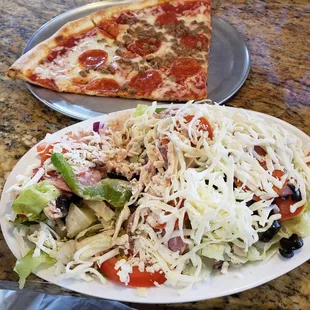 Antipasto Salad and 2 slices of pepperoni and Italian sausage pizza