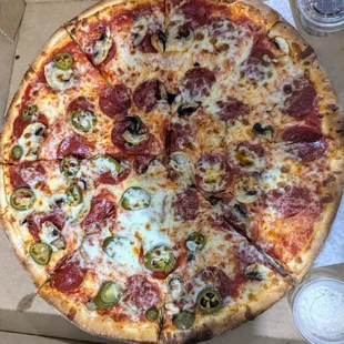 Pepperoni, Mushroom, and half jalapeno