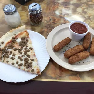 Hamburger slice and cheese sticks