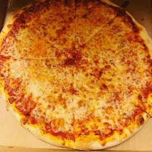 a cheese pizza in a box