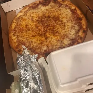 a cheese pizza in a box