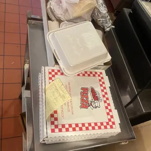 2 orders lasagna small pepperoni pizza with some salads to go! Best Lasagna in the inland empire!