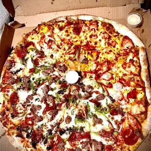 XL Chicken Tikka &amp; Tandoori Combo = stacked! Other half: Brother&apos;s Special Pizza! Cup of parmesan for size comparison!