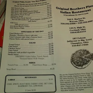 the menu and prices