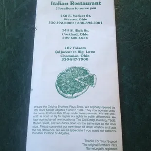 a menu for a restaurant