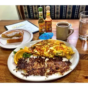 Amazing Hawaiian Omelet w/ Hashbrown &amp; Side of French Toast + Decaf Coffee Total 19.79$. Brothers Restaurant. Breakfast &amp; Lunch.Cool!