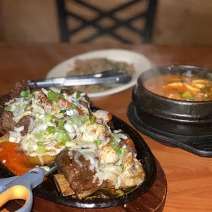 kalbijjim with cheese, mild pork soondubu, on the house japchae (05/2021)