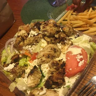 Grilled chicken Greek salad with fried and blue cheese