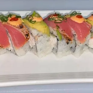 a platter of sushi rolls