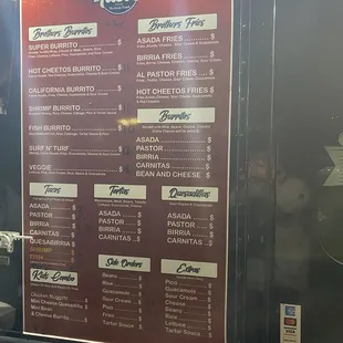 Menu at Bros Tacos