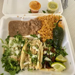 3 street tacos- Two tinga pollo tacos and one Al pastor.