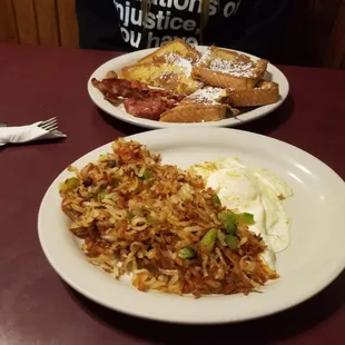 hashbrowns with peppers and onions, two over easy eggs. French Toast with bacon meal too. Hashbrowns were the only thing I would order again