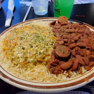 Etouffe and red beans and rice.
