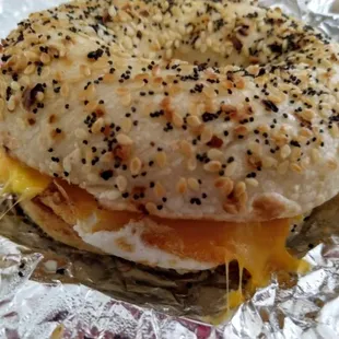 Everything Bagel with Egg, Sausage, Cheddar &amp; Sriracha..yum!