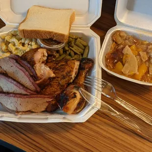 3 meat plate, chicken, brisket, mac &amp; cheese, green beans. Side of peach cobbler!