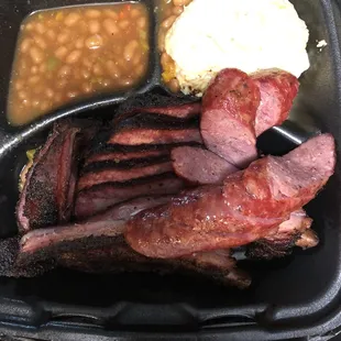 3meat plate (15.00). Potato Salad and Beans .