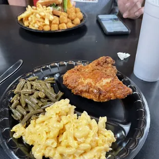 Top: Club, fries, cheese balls Bottom: Fried chicken, green beans, Mac n cheese