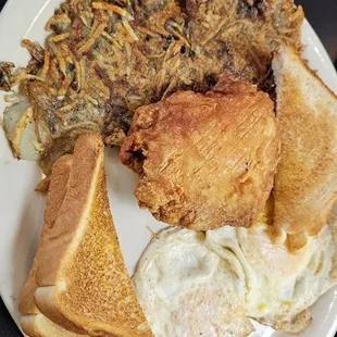 Chicken, 2 eggs, hash browns and toast