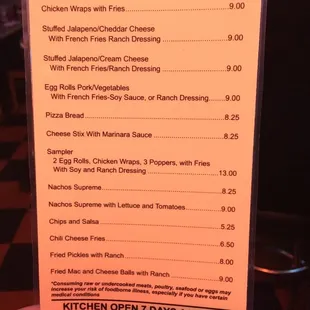 Appetizer menu