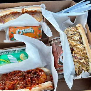 Chili, kimchi and pastrami dogs