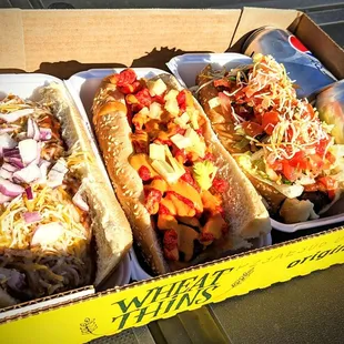 Chili, volcano, and taco dog. Amazing