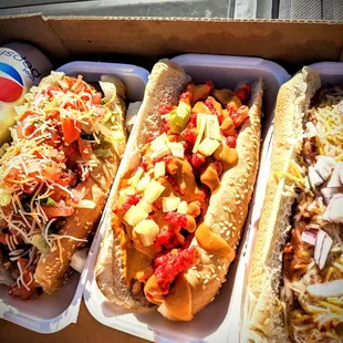 Taco, volcano, chili dog. Excellent