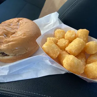 Classic onion cheese burger and tots.