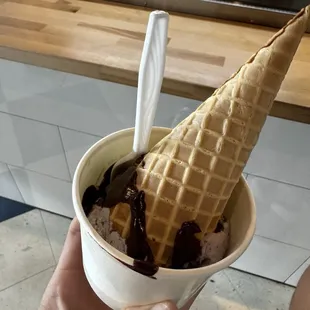 Blueberry ice cream in waffle cone w/waffle cone