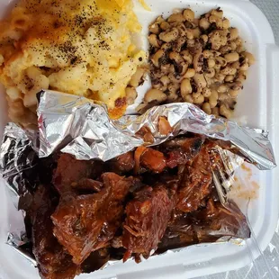 Rib Tips w/ black eyed peas and Mac and cheese.  Large portions with nice home taste.  Will be back soon.