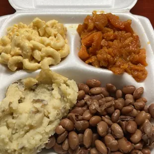 Mashed potatoes (unseasoned and no gravy), pinto beans (hard and crunchy), sweet potatoes (good and seasoned well) and macaroni and cheese