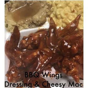 bbq wings dressing and cheesy macaroni