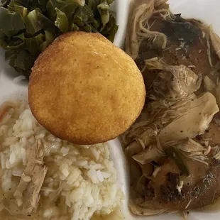 Smothered chicken, five and collards