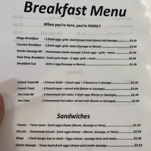 Breakfast menu