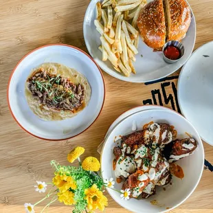 Chicken wings, steak taco, and smash burger.