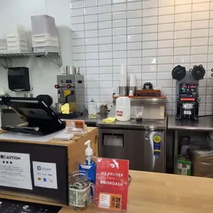 a kitchen with a counter top