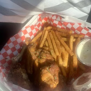 Honey garlic chicken wings and fries