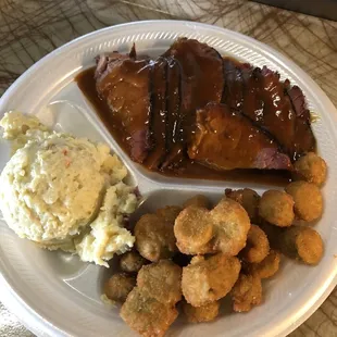 Non flavorful brisket, Thank God for the sauce which was alright. Potato salad and okra were good.