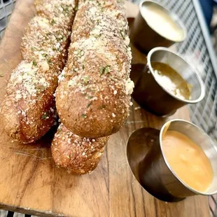 Pretzels with beer cheese, queso and mustard