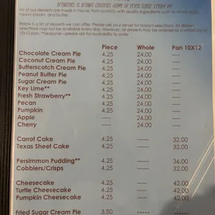 Dessert menu