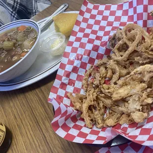 Beef Stew and onion rings
