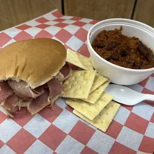Country Ham Sandwich and bowl of Chili