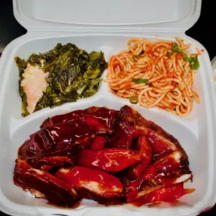 a meal in a styrofoam container