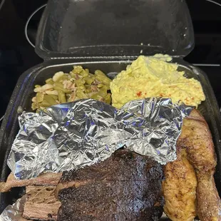 Chicken,ribs, brisket with green beans and potatoes salad